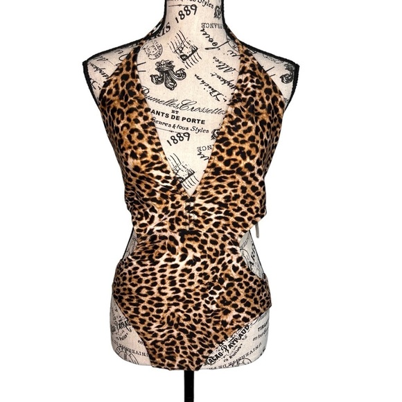 Express Leopard Print Deep V Neck High Side Cut Cut-Out Swimsuit Size L NWT - Picture 11 of 13